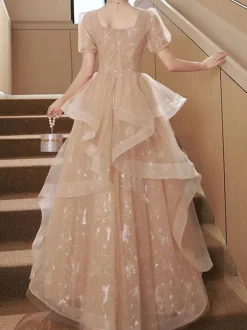 Prom Dress A-Line Square Neck Lace Short Sleeves Party Dresses