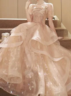 Prom Dress A-Line Square Neck Lace Short Sleeves Party Dresses