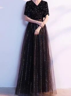 Prom Dress A-Line V-Neck Lace Short Sleeves Party Dresses