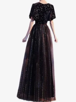 Prom Dress A-Line V-Neck Lace Short Sleeves Party Dresses