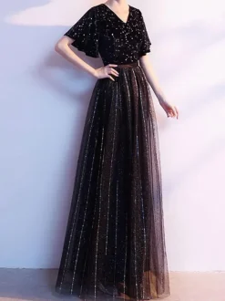 Prom Dress A-Line V-Neck Lace Short Sleeves Party Dresses