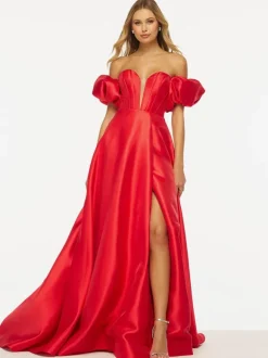 Prom Dress A-Line V-Neck Satin Fabric Sweep Split Front Evening Dresses