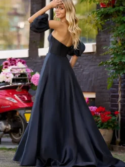 Prom Dress A-Line V-Neck Satin Fabric Sweep Split Front Evening Dresses