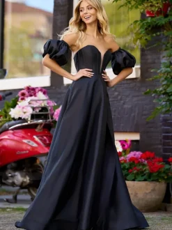 Prom Dress A-Line V-Neck Satin Fabric Sweep Split Front Evening Dresses