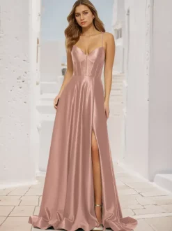 Prom Dress A-Line V-Neck Satin Fabric Sweep Split Front Social Party Dresses