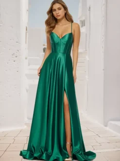 Prom Dress A-Line V-Neck Satin Fabric Sweep Split Front Social Party Dresses