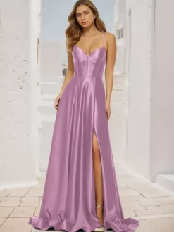 Prom Dress A-Line V-Neck Satin Fabric Sweep Split Front Social Party Dresses