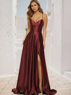 Prom Dress A-Line V-Neck Satin Fabric Sweep Split Front Social Party Dresses