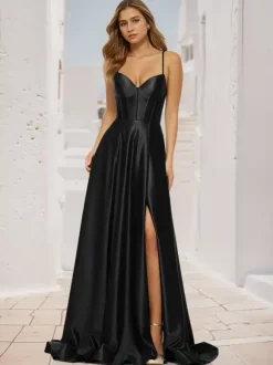 Prom Dress A-Line V-Neck Satin Fabric Sweep Split Front Social Party Dresses