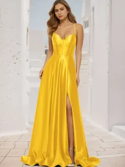 Prom Dress A-Line V-Neck Satin Fabric Sweep Split Front Social Party Dresses