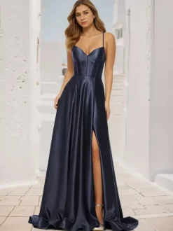 Prom Dress A-Line V-Neck Satin Fabric Sweep Split Front Social Party Dresses