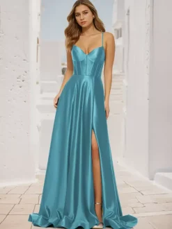 Prom Dress A-Line V-Neck Satin Fabric Sweep Split Front Social Party Dresses