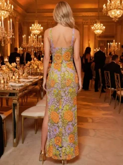Prom Dress Ball Gown Square Neck Lace Floor-Length Flowers Social Evening Party Dresses