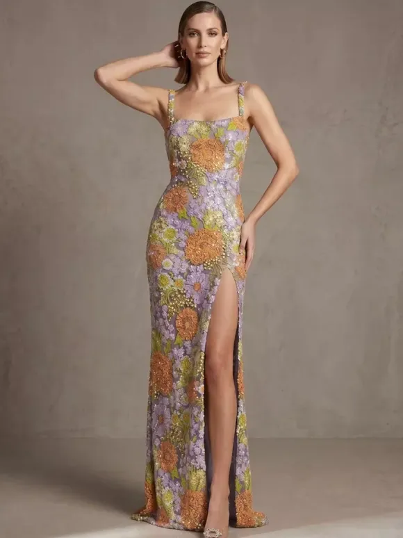 Prom Dress Ball Gown Square Neck Lace Floor-Length Flowers Social Evening Party Dresses