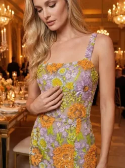Prom Dress Ball Gown Square Neck Lace Floor-Length Flowers Social Evening Party Dresses