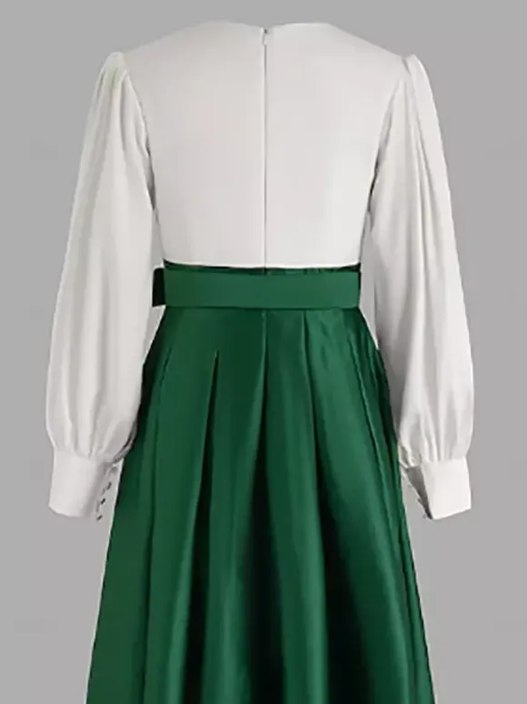 Prom Dress Ball Gown V-Neck Satin Fabric Long Sleeves Sash Pageant Dresses