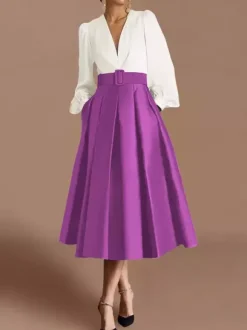 Prom Dress Ball Gown V-Neck Satin Fabric Long Sleeves Sash Pageant Dresses