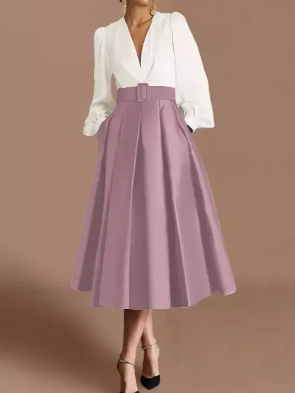 Prom Dress Ball Gown V-Neck Satin Fabric Long Sleeves Sash Pageant Dresses