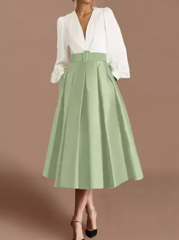 Prom Dress Ball Gown V-Neck Satin Fabric Long Sleeves Sash Pageant Dresses