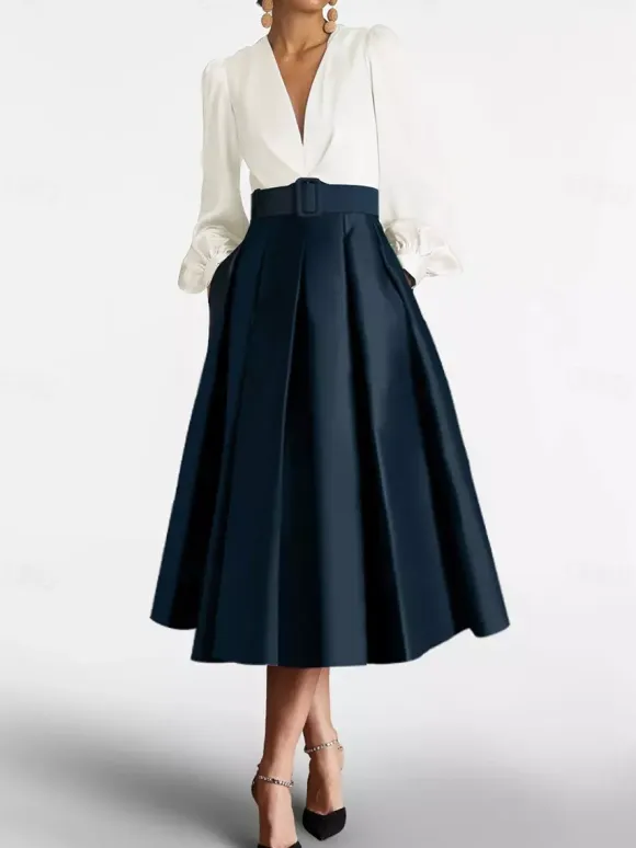 Prom Dress Ball Gown V-Neck Satin Fabric Long Sleeves Sash Pageant Dresses