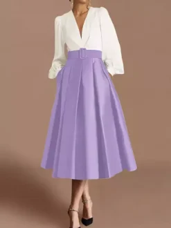 Prom Dress Ball Gown V-Neck Satin Fabric Long Sleeves Sash Pageant Dresses