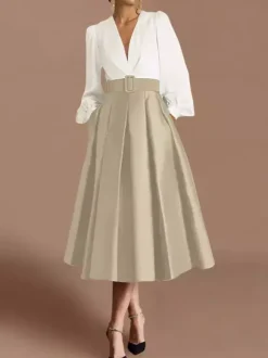 Prom Dress Ball Gown V-Neck Satin Fabric Long Sleeves Sash Pageant Dresses