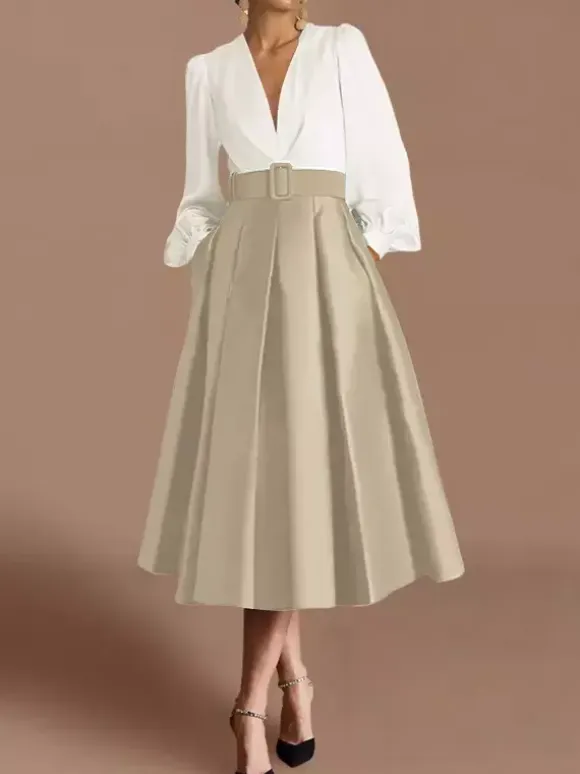 Prom Dress Ball Gown V-Neck Satin Fabric Long Sleeves Sash Pageant Dresses
