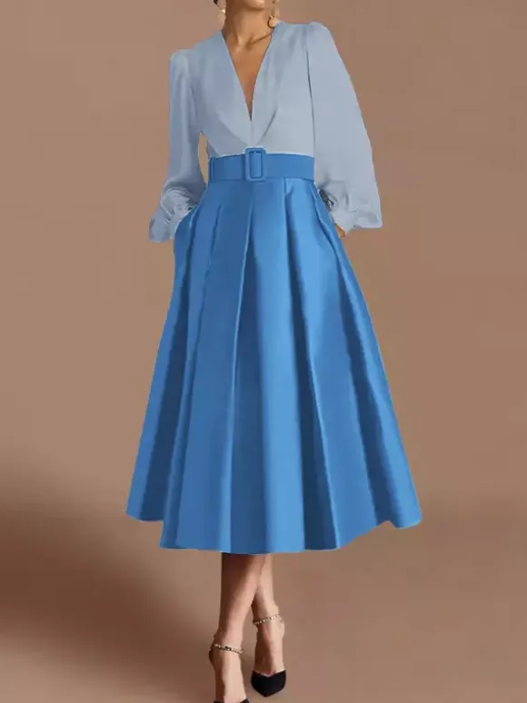 Prom Dress Ball Gown V-Neck Satin Fabric Long Sleeves Sash Pageant Dresses