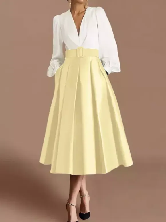 Prom Dress Ball Gown V-Neck Satin Fabric Long Sleeves Sash Pageant Dresses