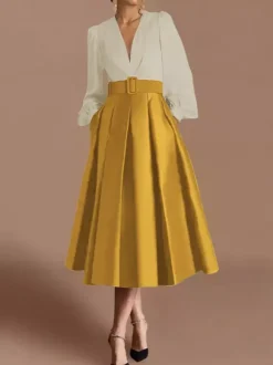 Prom Dress Ball Gown V-Neck Satin Fabric Long Sleeves Sash Pageant Dresses