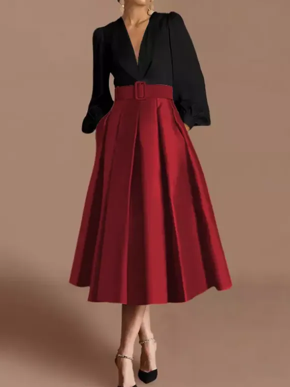 Prom Dress Ball Gown V-Neck Satin Fabric Long Sleeves Sash Pageant Dresses