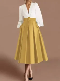 Prom Dress Ball Gown V-Neck Satin Fabric Long Sleeves Sash Pageant Dresses
