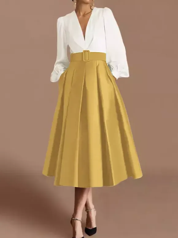 Prom Dress Ball Gown V-Neck Satin Fabric Long Sleeves Sash Pageant Dresses