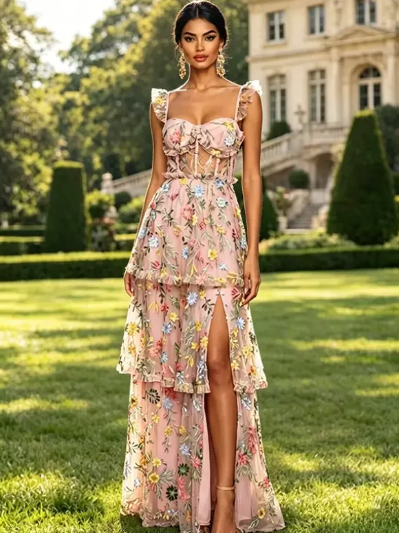 Prom Dress Dusty Lavender Floral Embroidery Tulle Gown Ruffle Strap Corset Mesh Back Tiered High Slit Wedding Guest Maxi Dress