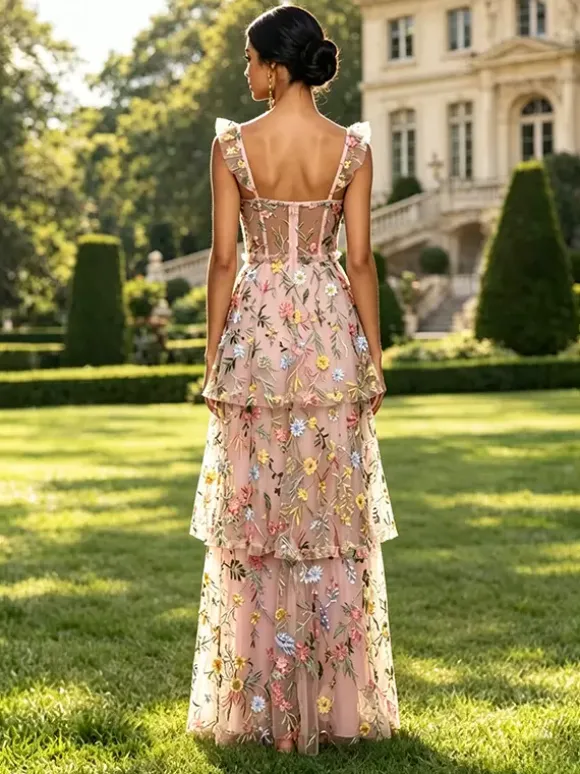 Prom Dress Dusty Lavender Floral Embroidery Tulle Gown Ruffle Strap Corset Mesh Back Tiered High Slit Wedding Guest Maxi Dress