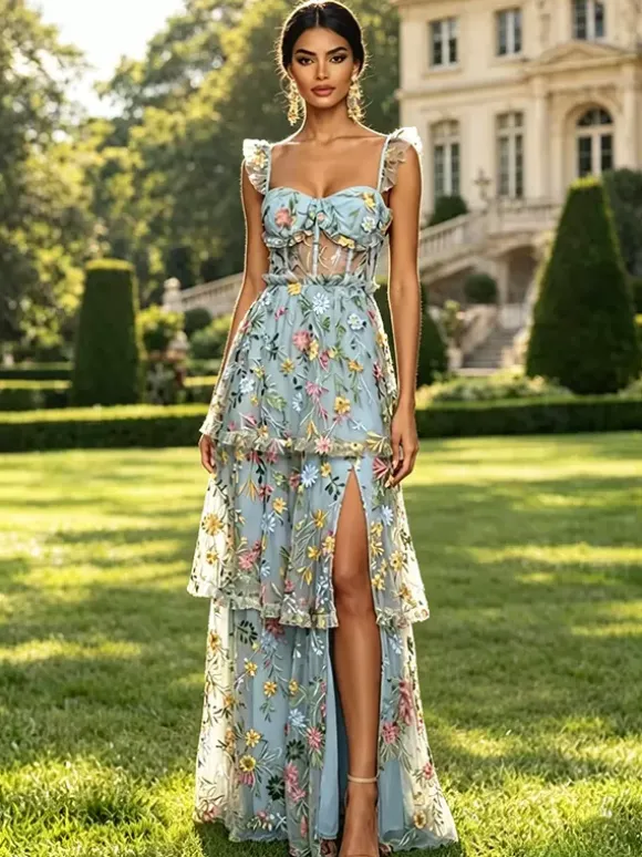 Prom Dress Dusty Lavender Floral Embroidery Tulle Gown Ruffle Strap Corset Mesh Back Tiered High Slit Wedding Guest Maxi Dress