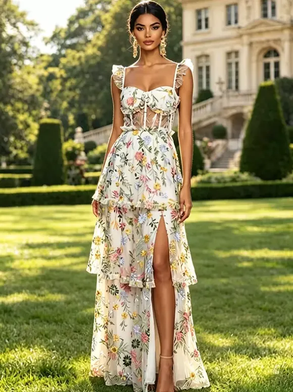 Prom Dress Dusty Lavender Floral Embroidery Tulle Gown Ruffle Strap Corset Mesh Back Tiered High Slit Wedding Guest Maxi Dress