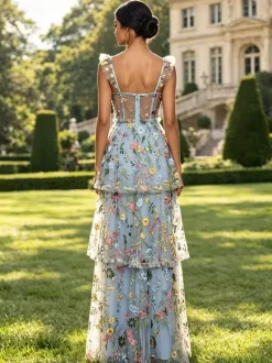 Prom Dress Dusty Lavender Floral Embroidery Tulle Gown Ruffle Strap Corset Mesh Back Tiered High Slit Wedding Guest Maxi Dress