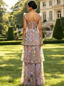 Prom Dress Dusty Lavender Floral Embroidery Tulle Gown Ruffle Strap Corset Mesh Back Tiered High Slit Wedding Guest Maxi Dress