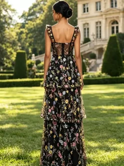 Prom Dress Dusty Lavender Floral Embroidery Tulle Gown Ruffle Strap Corset Mesh Back Tiered High Slit Wedding Guest Maxi Dress