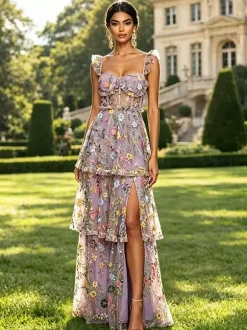 Prom Dress Dusty Lavender Floral Embroidery Tulle Gown Ruffle Strap Corset Mesh Back Tiered High Slit Wedding Guest Maxi Dress