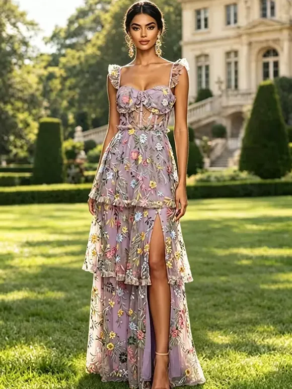 Prom Dress Dusty Lavender Floral Embroidery Tulle Gown Ruffle Strap Corset Mesh Back Tiered High Slit Wedding Guest Maxi Dress