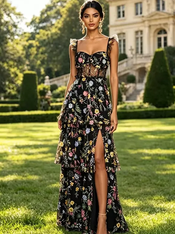 Prom Dress Dusty Lavender Floral Embroidery Tulle Gown Ruffle Strap Corset Mesh Back Tiered High Slit Wedding Guest Maxi Dress