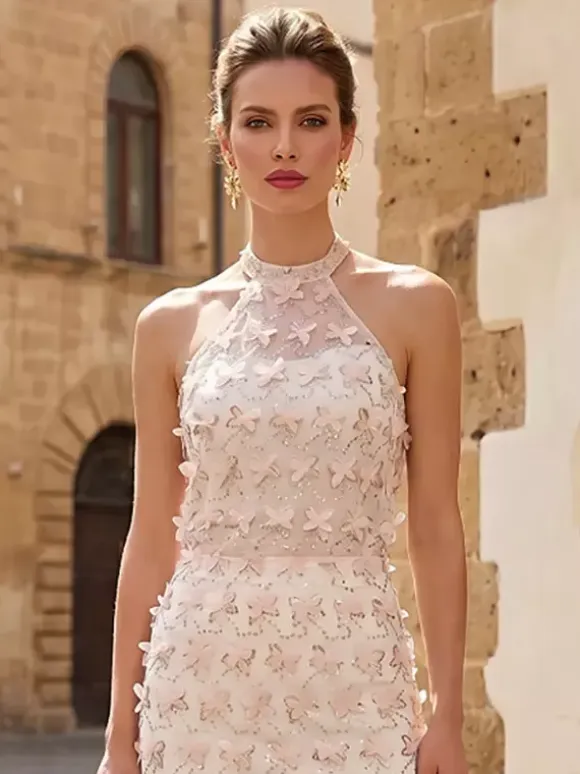 Prom Dress Evening Dress Short Illusion Neckline Short Sleeveless Zipper Lace Lace Formal Party Dresses