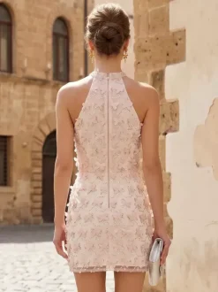 Prom Dress Evening Dress Short Illusion Neckline Short Sleeveless Zipper Lace Lace Formal Party Dresses