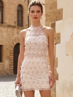 Prom Dress Evening Dress Short Illusion Neckline Short Sleeveless Zipper Lace Lace Formal Party Dresses
