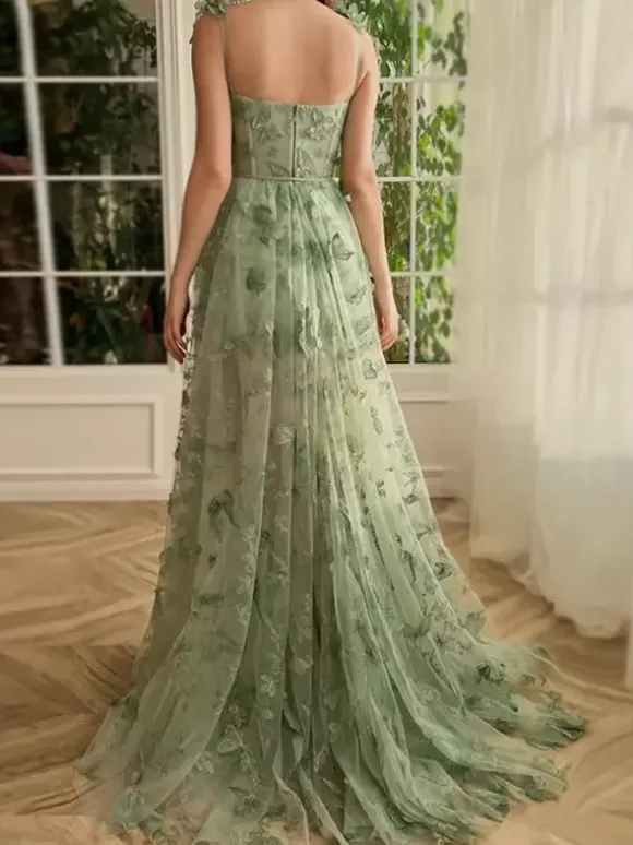 Prom Dress Floral Lace Sweetheart Neck A-Line Sleeveless Butterfly Pageant Dresses