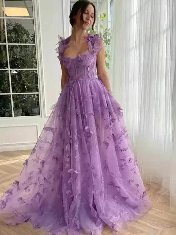 Prom Dress Floral Lace Sweetheart Neck A-Line Sleeveless Butterfly Pageant Dresses