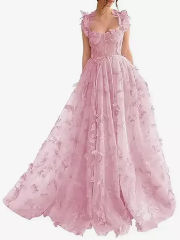 Prom Dress Floral Lace Sweetheart Neck A-Line Sleeveless Butterfly Pageant Dresses