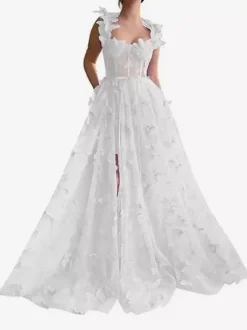 Prom Dress Floral Lace Sweetheart Neck A-Line Sleeveless Butterfly Pageant Dresses